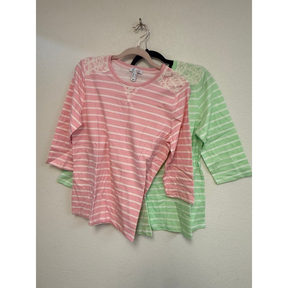 Lot of 2 d&co Denim & Co Striped Lace Yoke Tops Small Pink Green 3/4 Sleeve